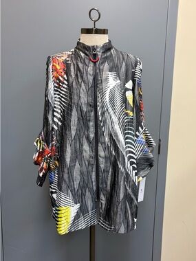 IC by Connie K L Abstract Print Crinkle Zip Jacket Lightweight NWT Made USA
